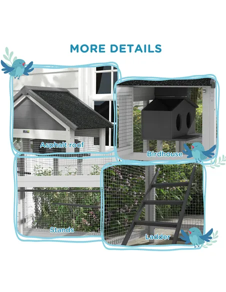 PawHut Wooden Bird Cage, with Stand, for Finches, Parakeets, Small birds - Grey