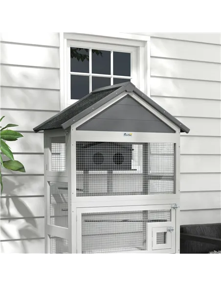 PawHut Wooden Bird Cage, with Stand, for Finches, Parakeets, Small birds - Grey