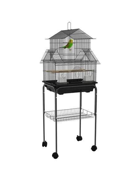 PawHut Metal Bird Cage with Plastic Swing, Perch, Food Container, Tray, Handle, for Finches, Canaries, Budgies, 43.5 x 33 x 121
