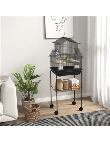 PawHut Metal Bird Cage with Plastic Swing, Perch, Food Container, Tray, Handle, for Finches, Canaries, Budgies, 43.5 x 33 x 121