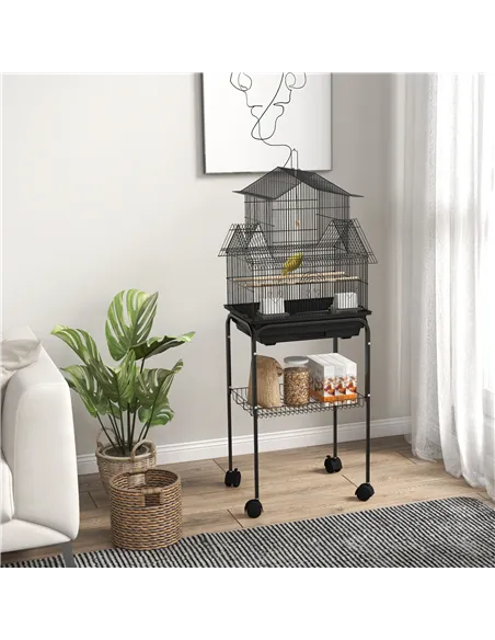 PawHut Metal Bird Cage with Plastic Swing, Perch, Food Container, Tray, Handle, for Finches, Canaries, Budgies, 43.5 x 33 x 121