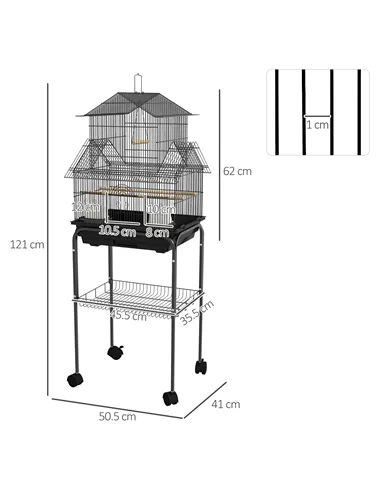 PawHut Metal Bird Cage with Plastic Swing, Perch, Food Container, Tray, Handle, for Finches, Canaries, Budgies, 43.5 x 33 x 121
