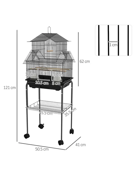 PawHut Metal Bird Cage with Plastic Swing, Perch, Food Container, Tray, Handle, for Finches, Canaries, Budgies, 43.5 x 33 x 121