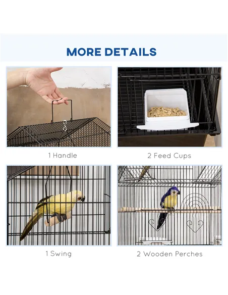 PawHut Metal Bird Cage with Plastic Swing, Perch, Food Container, Tray, Handle, for Finches, Canaries, Budgies, 43.5 x 33 x 121