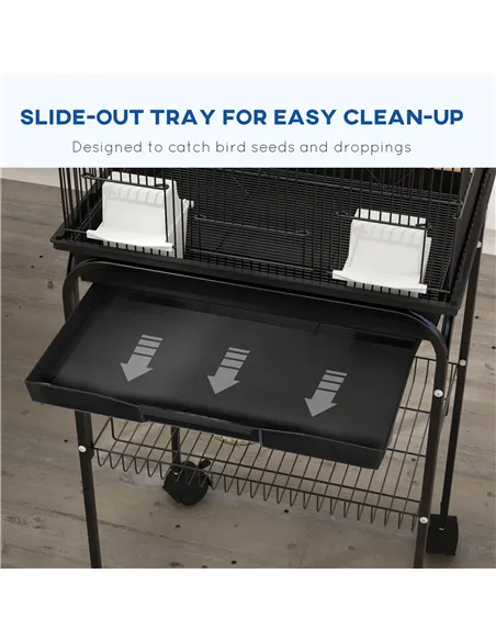 PawHut Metal Bird Cage with Plastic Swing, Perch, Food Container, Tray, Handle, for Finches, Canaries, Budgies, 43.5 x 33 x 121