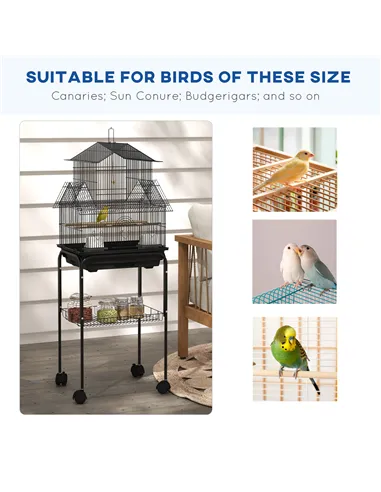 PawHut Metal Bird Cage with Plastic Swing, Perch, Food Container, Tray, Handle, for Finches, Canaries, Budgies, 43.5 x 33 x 121