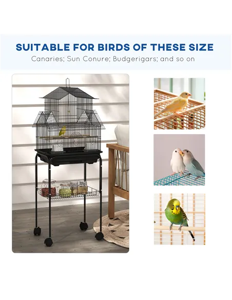 PawHut Metal Bird Cage with Plastic Swing, Perch, Food Container, Tray, Handle, for Finches, Canaries, Budgies, 43.5 x 33 x 121