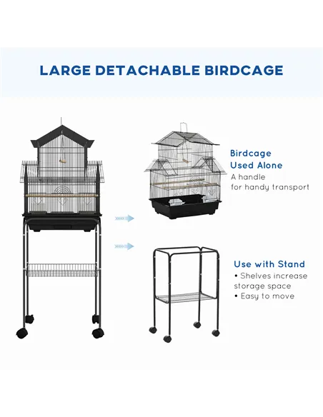 PawHut Metal Bird Cage with Plastic Swing, Perch, Food Container, Tray, Handle, for Finches, Canaries, Budgies, 43.5 x 33 x 121