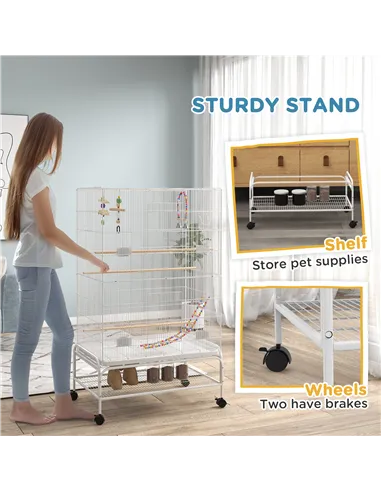 PawHut Bird Cage w/ Stand, Toys, Accessories, for Canaries, Finches, White