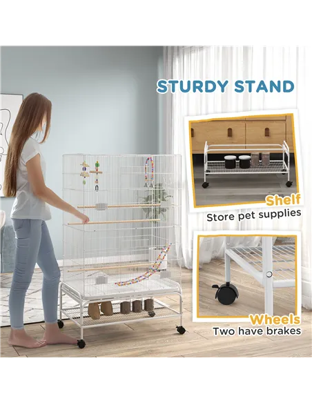 PawHut Bird Cage w/ Stand, Toys, Accessories, for Canaries, Finches, White