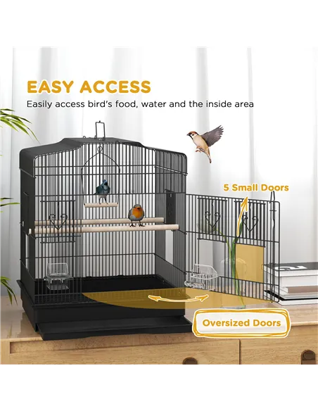 PawHut Large Metal Bird Cage with Perches, Food Bowls, Swing, for Budgies, Parakeets, Black