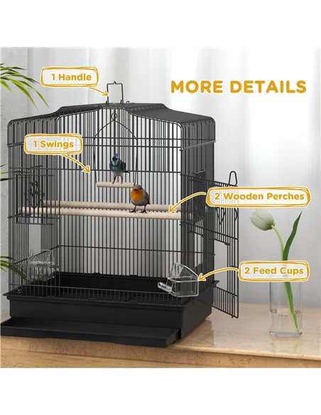 PawHut Large Metal Bird Cage with Perches, Food Bowls, Swing, for Budgies, Parakeets, Black