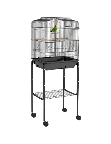 PawHut Bird Cage Budgie Cages for Finch Canary Parakeet with Stand Wheels Slide-out Tray Accessories Storage Shelf, Black