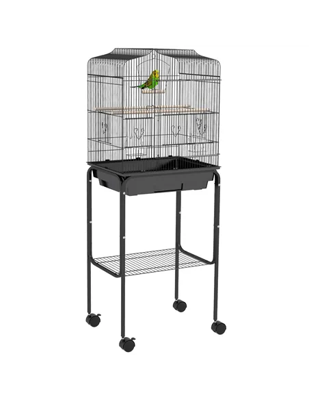 PawHut Bird Cage Budgie Cages for Finch Canary Parakeet with Stand Wheels Slide-out Tray Accessories Storage Shelf, Black