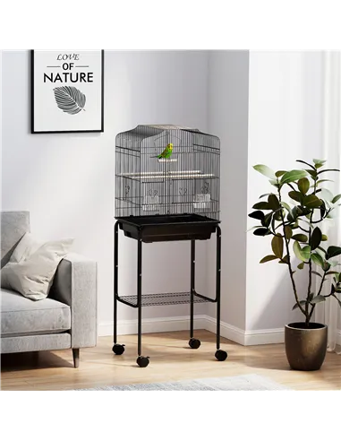 PawHut Bird Cage Budgie Cages for Finch Canary Parakeet with Stand Wheels Slide-out Tray Accessories Storage Shelf, Black