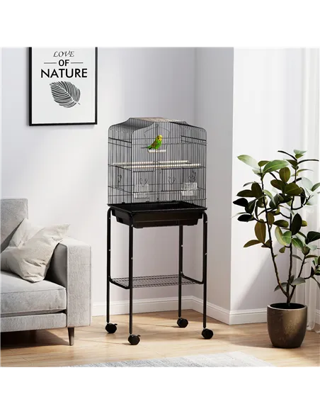 PawHut Bird Cage Budgie Cages for Finch Canary Parakeet with Stand Wheels Slide-out Tray Accessories Storage Shelf, Black
