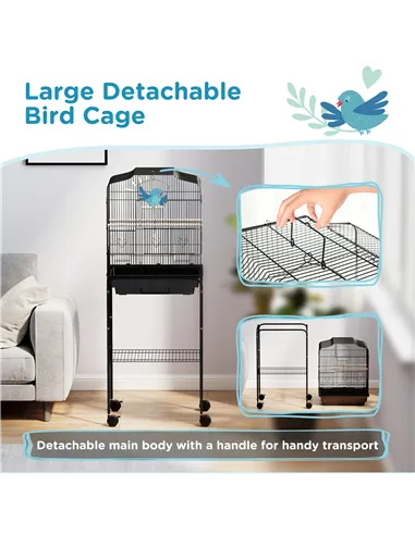 PawHut Bird Cage Budgie Cages for Finch Canary Parakeet with Stand Wheels Slide-out Tray Accessories Storage Shelf, Black