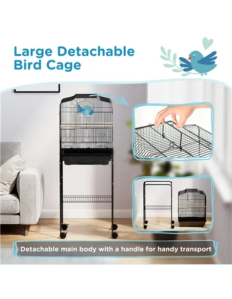 PawHut Bird Cage Budgie Cages for Finch Canary Parakeet with Stand Wheels Slide-out Tray Accessories Storage Shelf, Black