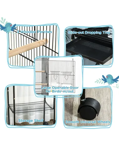 PawHut Bird Cage Budgie Cages for Finch Canary Parakeet with Stand Wheels Slide-out Tray Accessories Storage Shelf, Black