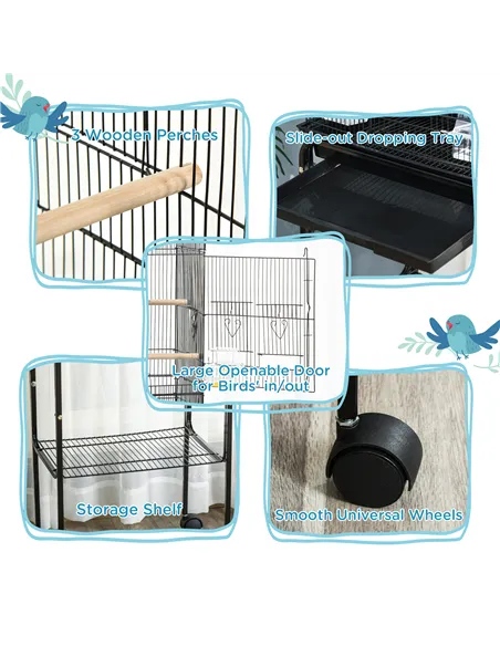 PawHut Bird Cage Budgie Cages for Finch Canary Parakeet with Stand Wheels Slide-out Tray Accessories Storage Shelf, Black