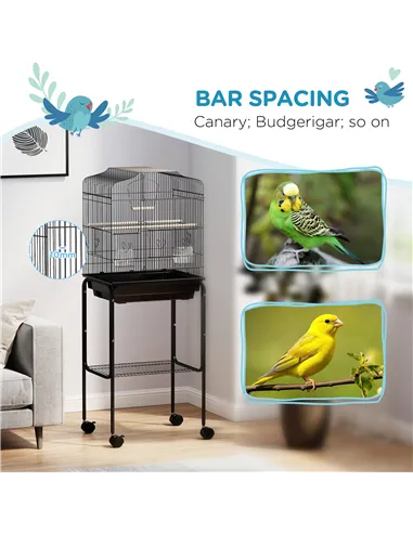 PawHut Bird Cage Budgie Cages for Finch Canary Parakeet with Stand Wheels Slide-out Tray Accessories Storage Shelf, Black
