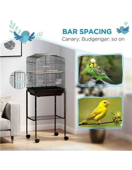 PawHut Bird Cage Budgie Cages for Finch Canary Parakeet with Stand Wheels Slide-out Tray Accessories Storage Shelf, Black