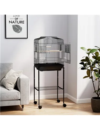 PawHut Bird Cage Budgie Cages for Finch Canary Parakeet with Stand Wheels Slide-out Tray Accessories Storage Shelf, Black