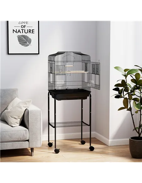PawHut Bird Cage Budgie Cages for Finch Canary Parakeet with Stand Wheels Slide-out Tray Accessories Storage Shelf, Black