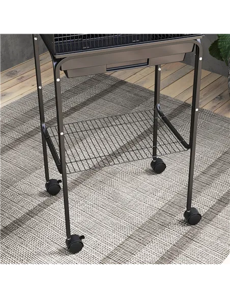 PawHut Bird Cage Budgie Cages for Finch Canary Parakeet with Stand Wheels Slide-out Tray Accessories Storage Shelf, Black