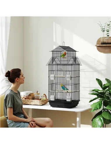 PawHut Metal Bird Cage with Plastic Swing, Perch, Food Container, Tray, Handle, for Finches, Canaries, 43 x 32.5 x 104cm