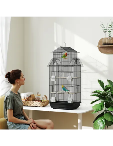 PawHut Metal Bird Cage with Plastic Swing, Perch, Food Container, Tray, Handle, for Finches, Canaries, 43 x 32.5 x 104cm