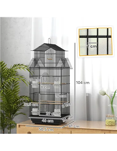 PawHut Metal Bird Cage with Plastic Swing, Perch, Food Container, Tray, Handle, for Finches, Canaries, 43 x 32.5 x 104cm