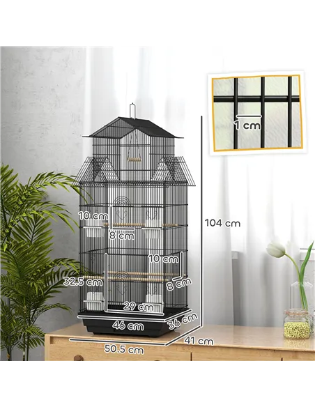 PawHut Metal Bird Cage with Plastic Swing, Perch, Food Container, Tray, Handle, for Finches, Canaries, 43 x 32.5 x 104cm