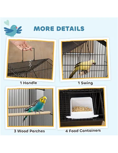 PawHut Metal Bird Cage with Plastic Swing, Perch, Food Container, Tray, Handle, for Finches, Canaries, 43 x 32.5 x 104cm