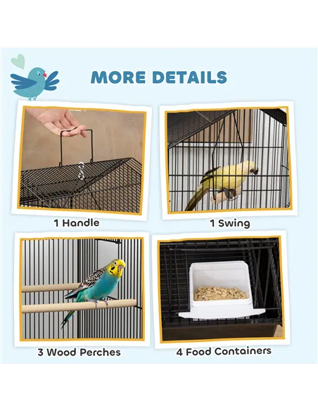 PawHut Metal Bird Cage with Plastic Swing, Perch, Food Container, Tray, Handle, for Finches, Canaries, 43 x 32.5 x 104cm