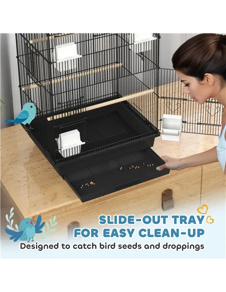 PawHut Metal Bird Cage with Plastic Swing, Perch, Food Container, Tray, Handle, for Finches, Canaries, 43 x 32.5 x 104cm