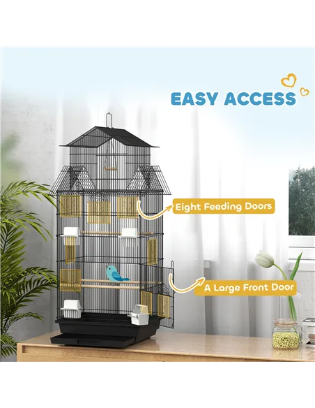 PawHut Metal Bird Cage with Plastic Swing, Perch, Food Container, Tray, Handle, for Finches, Canaries, 43 x 32.5 x 104cm