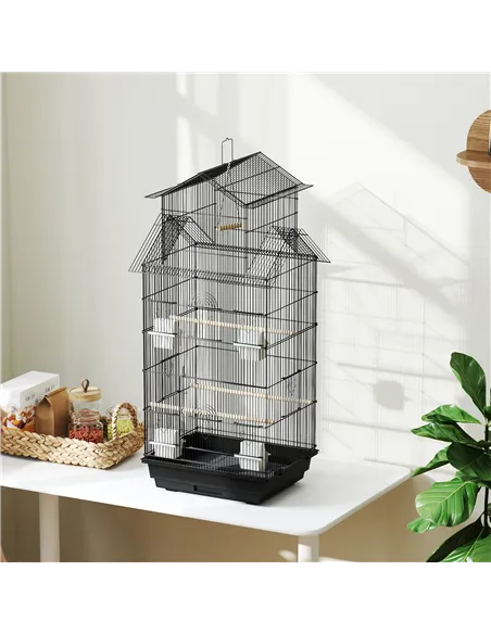 PawHut Metal Bird Cage with Plastic Swing, Perch, Food Container, Tray, Handle, for Finches, Canaries, 43 x 32.5 x 104cm