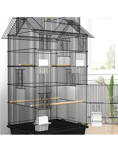 PawHut Metal Bird Cage with Plastic Swing, Perch, Food Container, Tray, Handle, for Finches, Canaries, 43 x 32.5 x 104cm