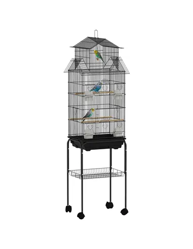 PawHut Metal Bird Cage with Plastic Swing, Perch, Food Container, Tray, Handle, for Finches, Canaries, Budgies, 43 x 32.5 x 163