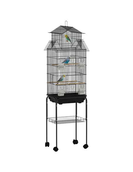 PawHut Metal Bird Cage with Plastic Swing, Perch, Food Container, Tray, Handle, for Finches, Canaries, Budgies, 43 x 32.5 x 163