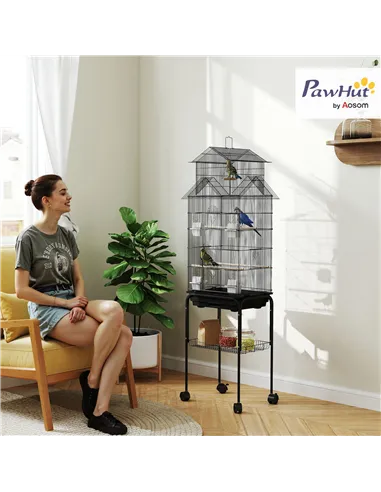 PawHut Metal Bird Cage with Plastic Swing, Perch, Food Container, Tray, Handle, for Finches, Canaries, Budgies, 43 x 32.5 x 163