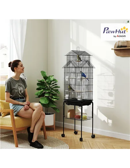 PawHut Metal Bird Cage with Plastic Swing, Perch, Food Container, Tray, Handle, for Finches, Canaries, Budgies, 43 x 32.5 x 163