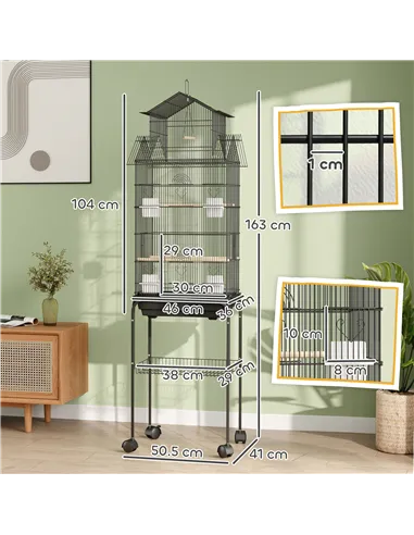 PawHut Metal Bird Cage with Plastic Swing, Perch, Food Container, Tray, Handle, for Finches, Canaries, Budgies, 43 x 32.5 x 163