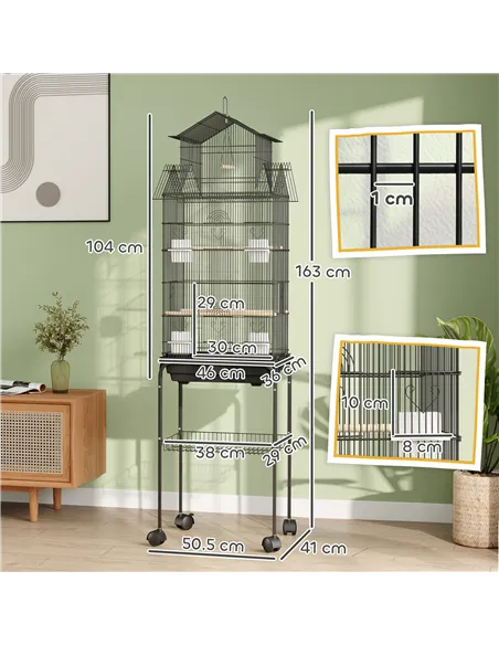 PawHut Metal Bird Cage with Plastic Swing, Perch, Food Container, Tray, Handle, for Finches, Canaries, Budgies, 43 x 32.5 x 163