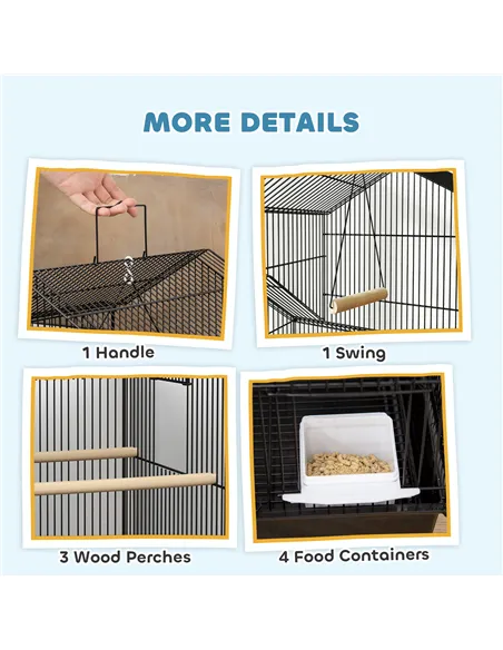 PawHut Metal Bird Cage with Plastic Swing, Perch, Food Container, Tray, Handle, for Finches, Canaries, Budgies, 43 x 32.5 x 163