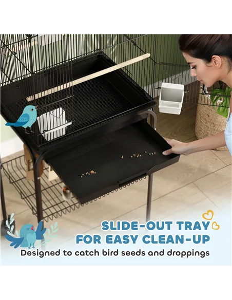 PawHut Metal Bird Cage with Plastic Swing, Perch, Food Container, Tray, Handle, for Finches, Canaries, Budgies, 43 x 32.5 x 163