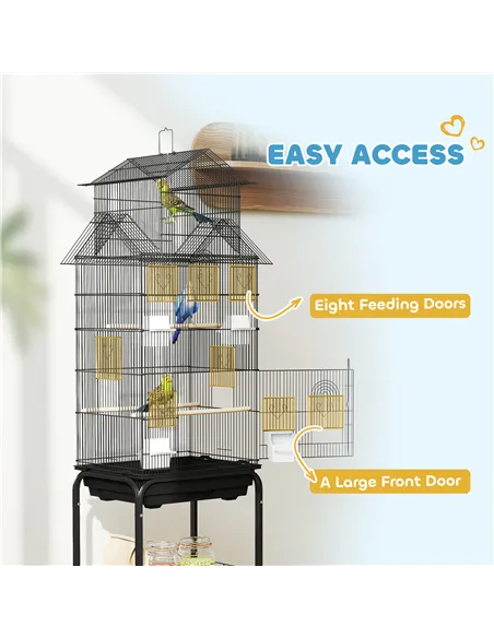 PawHut Metal Bird Cage with Plastic Swing, Perch, Food Container, Tray, Handle, for Finches, Canaries, Budgies, 43 x 32.5 x 163