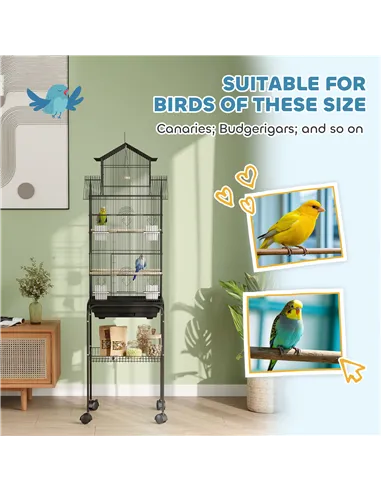 PawHut Metal Bird Cage with Plastic Swing, Perch, Food Container, Tray, Handle, for Finches, Canaries, Budgies, 43 x 32.5 x 163