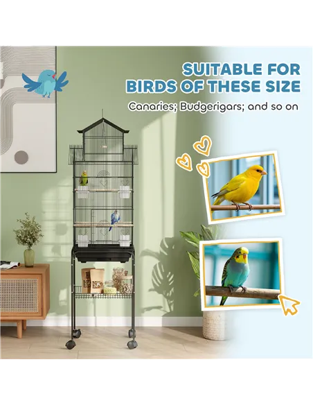 PawHut Metal Bird Cage with Plastic Swing, Perch, Food Container, Tray, Handle, for Finches, Canaries, Budgies, 43 x 32.5 x 163